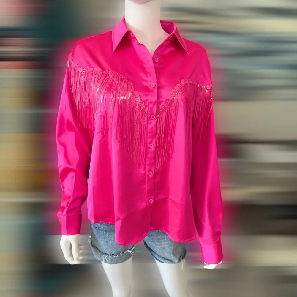 FANTASTIC FAWN Button down sequin fringe top S M L - Picture 6 of 10